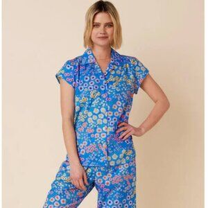 NWT Womens The Cat's Pajamas Cerulean Floral Blue Multi 2 Pc Set Top Bottom L